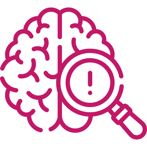 Illustration of a brain with a magnifying glass focusing on an exclamation mark, symbolizing mental health awareness and the importance of understanding mental well-being.