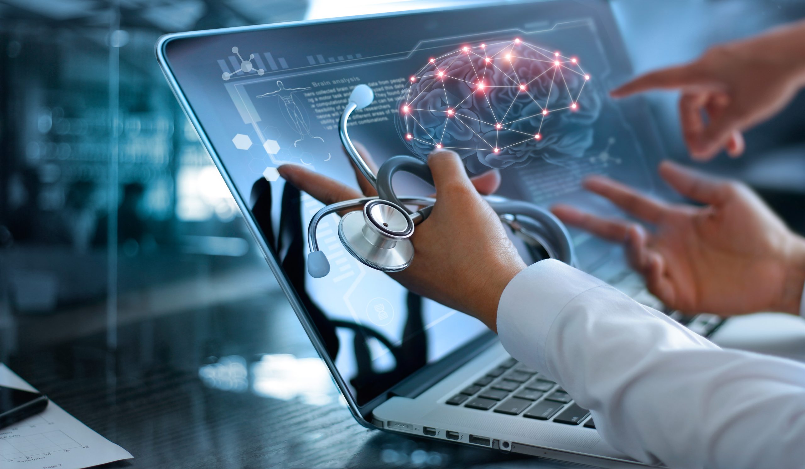 Medicine doctor team meeting and analysis. Diagnose checking brain testing result with modern virtual screen interface on laptop with stethoscope in hand, Medical technology network connection concept