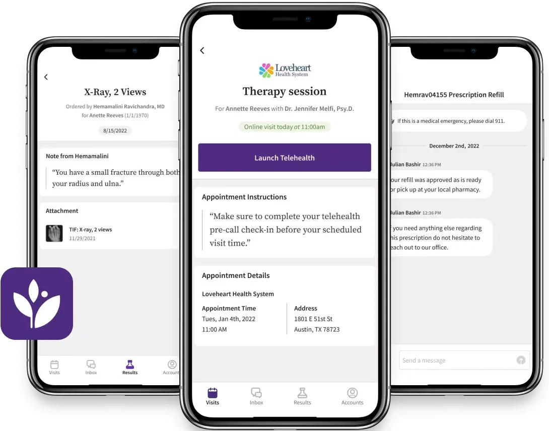 Screenshots of a mobile app displaying telehealth appointments, prescription refills, and medical notes for patients.